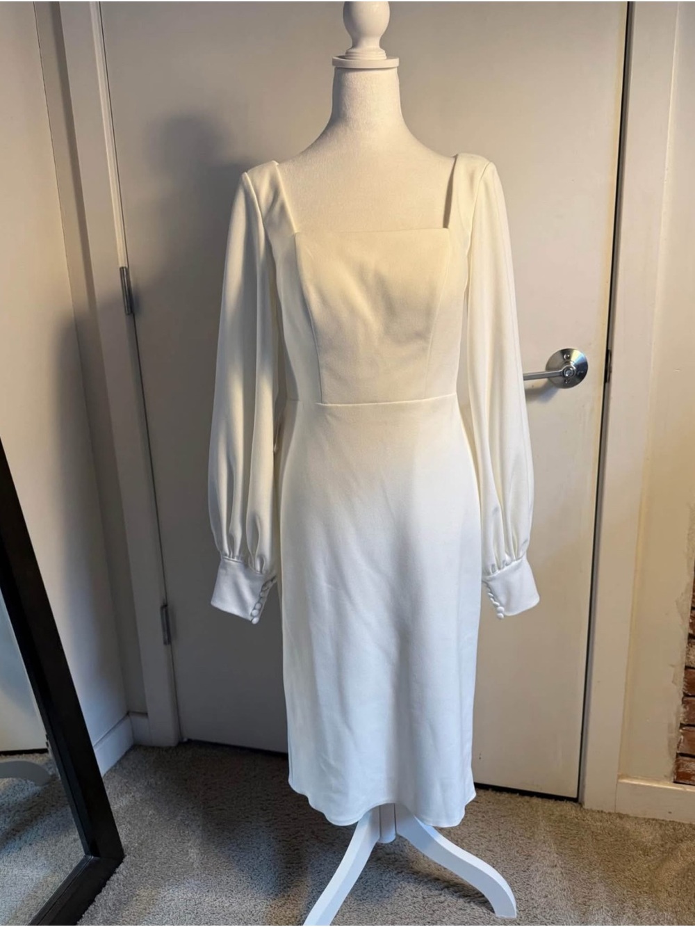 Azazie White Square-Neck Midi Dress with Bishop Sleeves